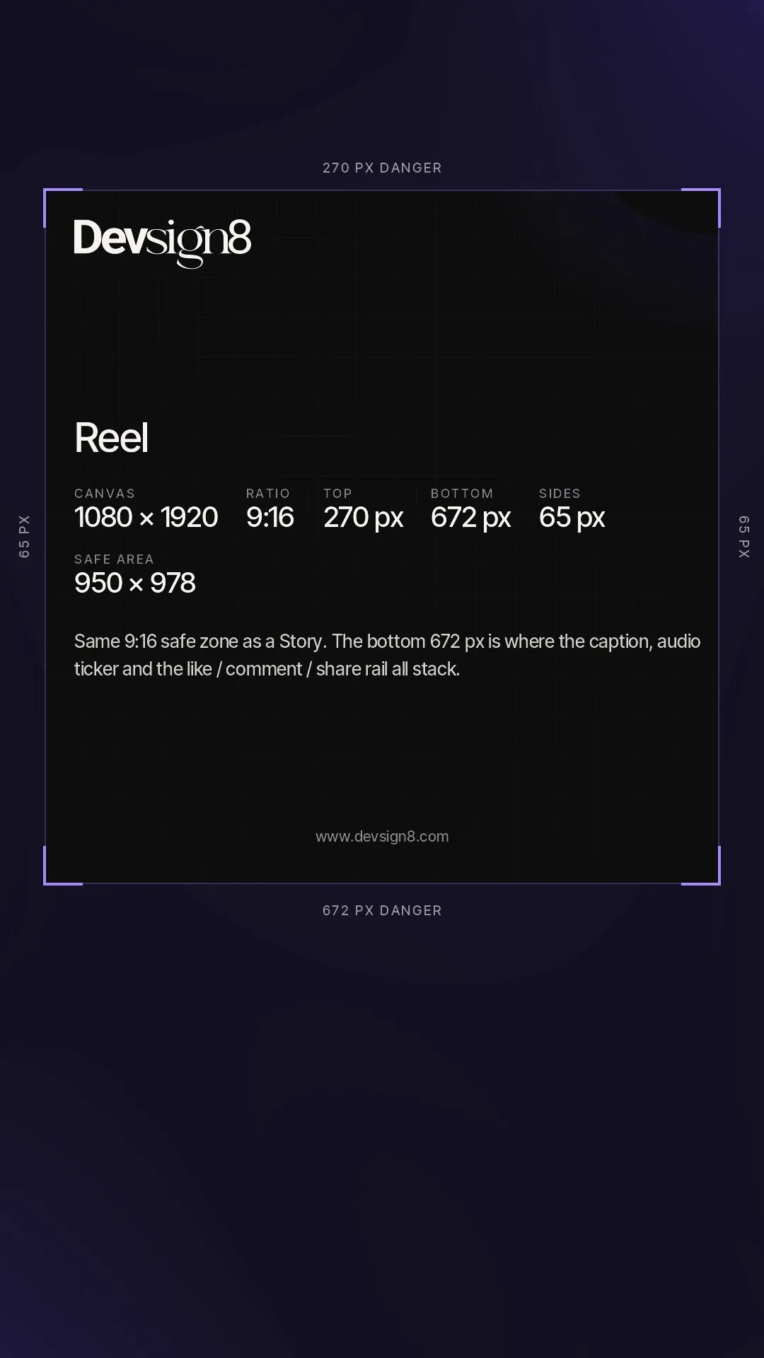 A Devsign8 spec card for the Instagram Reel: 1080 by 1920, keep 270px clear at the top, 672px at the bottom and 65px at the sides.