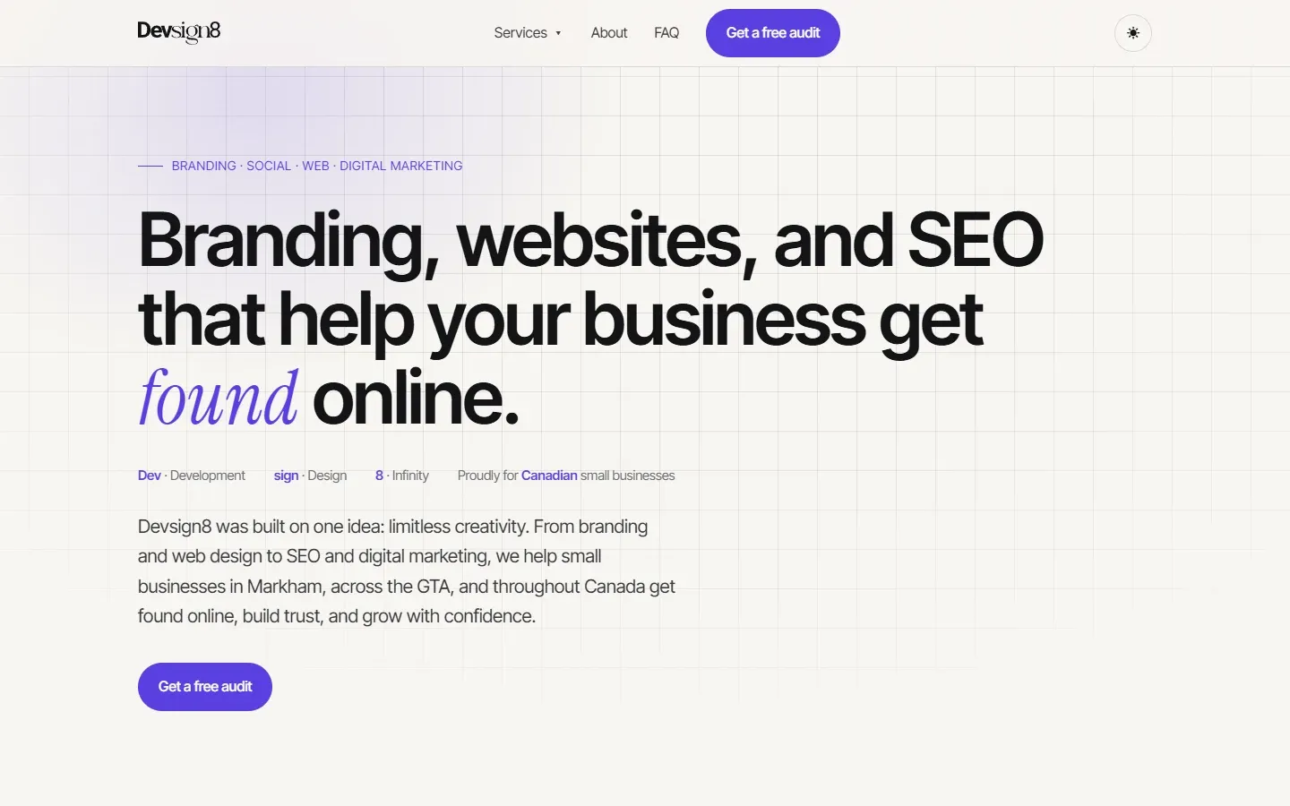 The devsign8.com homepage in light mode on a desktop screen: "Branding, websites, and SEO that help your business get found online." with a "Get a free audit" button.