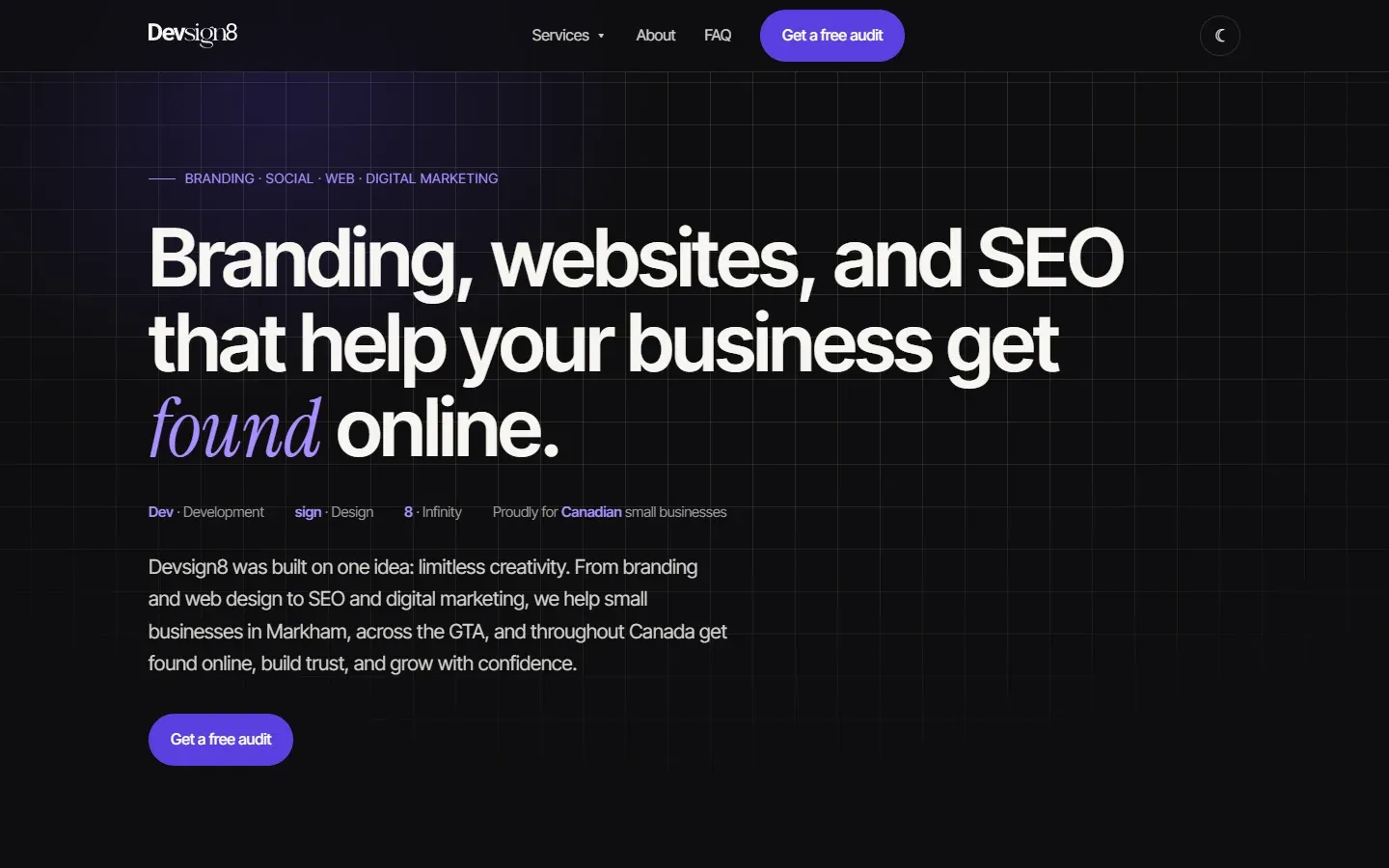 The devsign8.com homepage in dark mode on a desktop screen: "Branding, websites, and SEO that help your business get found online." with a "Get a free audit" button.