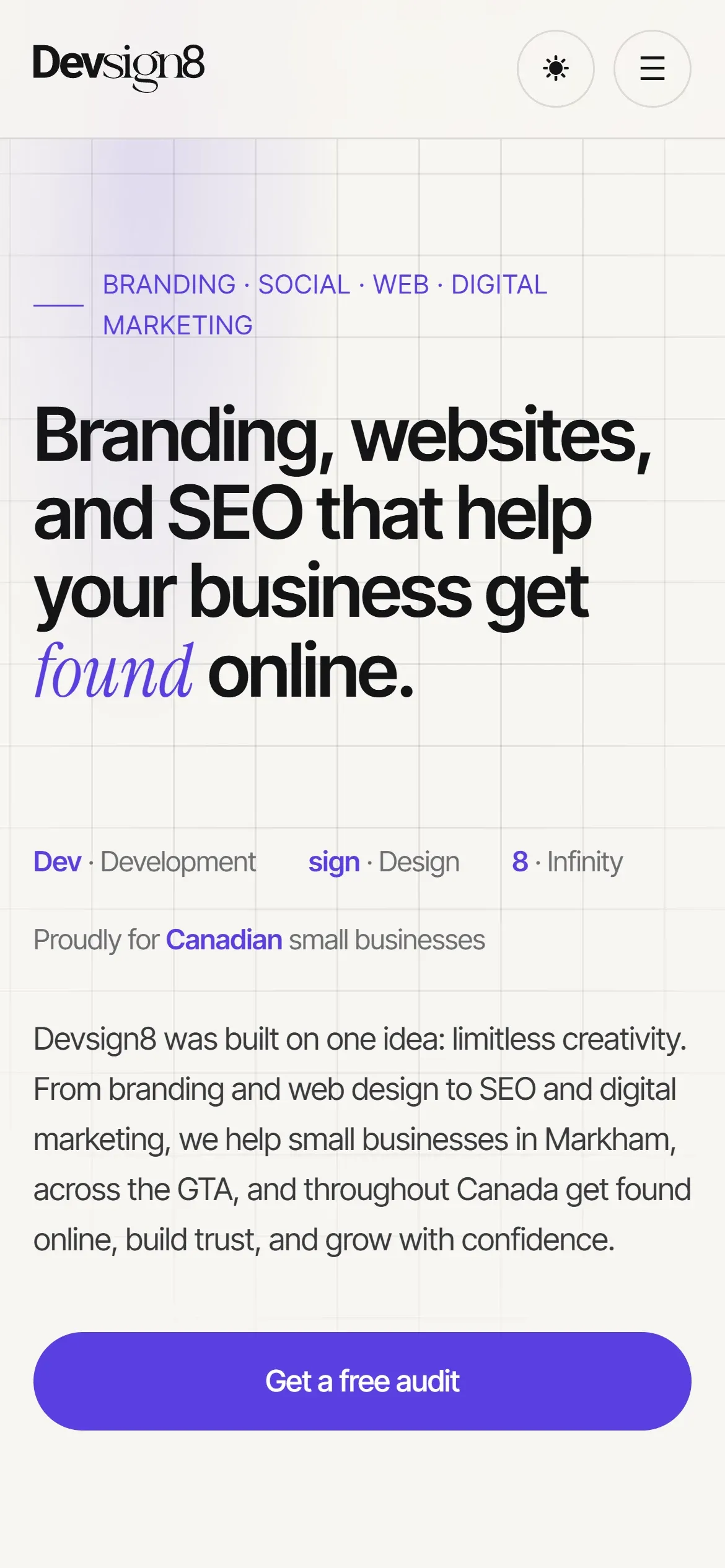 The same devsign8.com homepage in light mode on a phone.