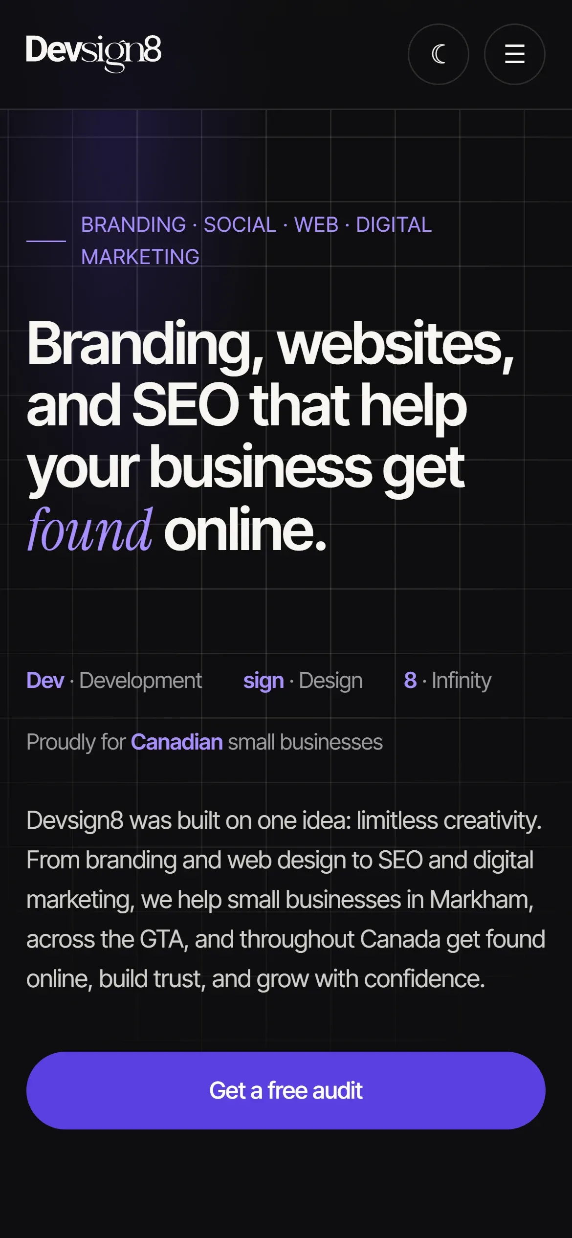 The same devsign8.com homepage in dark mode on a phone.