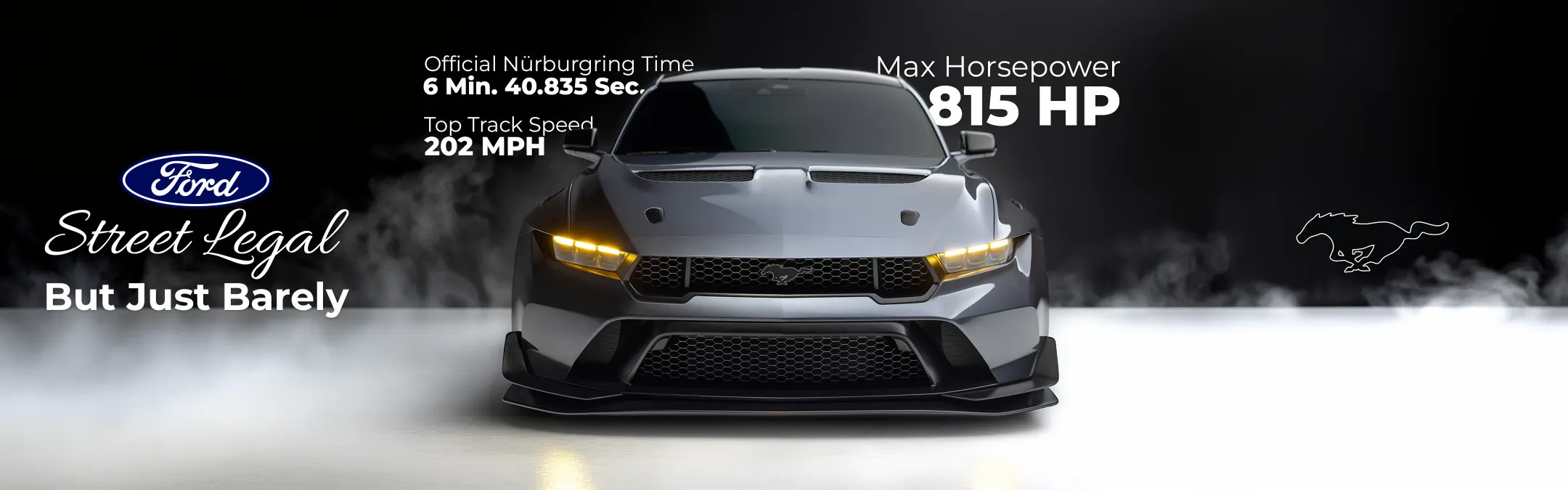 The full carousel artboard, cut into four panels: the Ford oval with Street Legal, But Just Barely; the car head-on across the middle two panels with its Nürburgring time, top speed and 815 HP; and the running horse outline in the smoke.