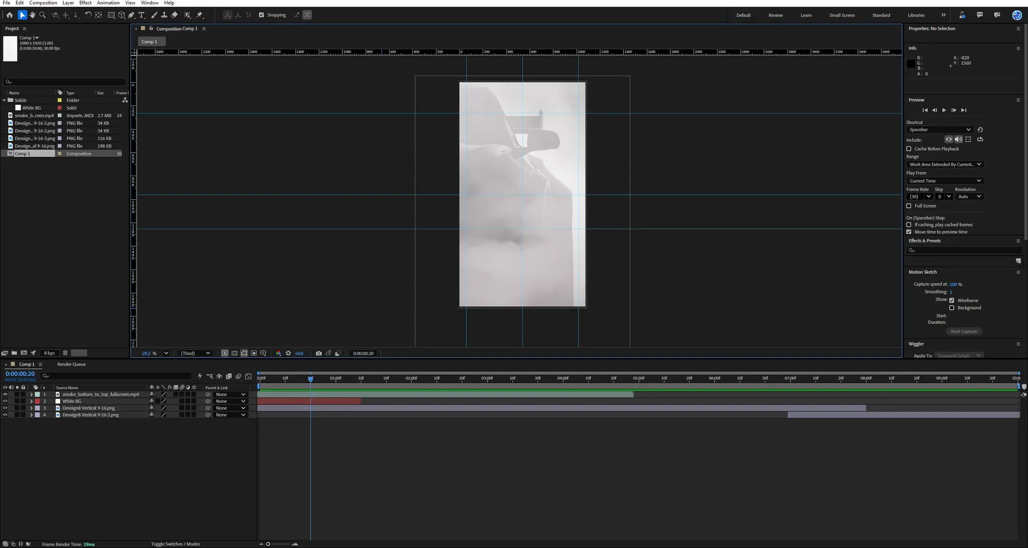 After Effects with the Reel composition open: smoke footage over the car, and a timeline of four layers across ten seconds.
