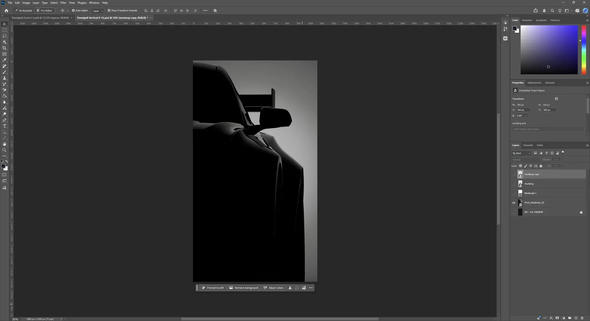 Photoshop with the Reel file open: the car's dark silhouette on a 1080 by 1920 canvas, with the layer stack on the right.