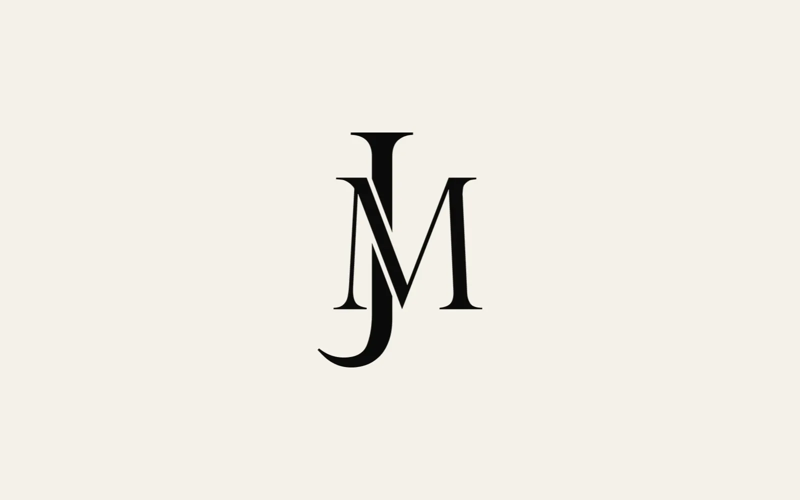 The JM monogram in black on cream: a tall serif J threaded through an M.