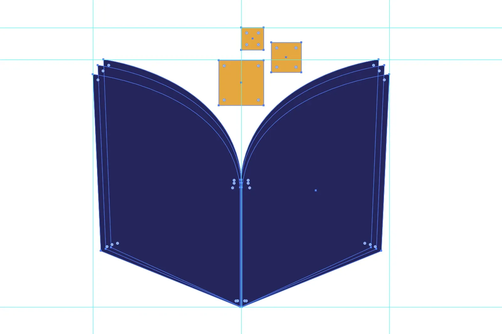 Screenshot from Adobe Illustrator: the final mark selected with the Direct Selection tool, every anchor point showing on the six indigo pages and three amber squares, on cyan guides at the top of the pixels, the top of the pages, the base of the book and the spine.