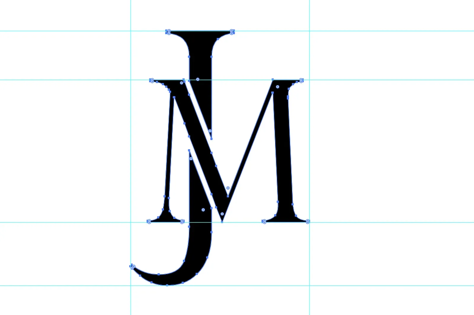 Screenshot from Adobe Illustrator: the final monogram selected with the Direct Selection tool, every anchor point showing, on cyan guides at the top of the J, the M's cap height, its baseline and the bottom of the J.