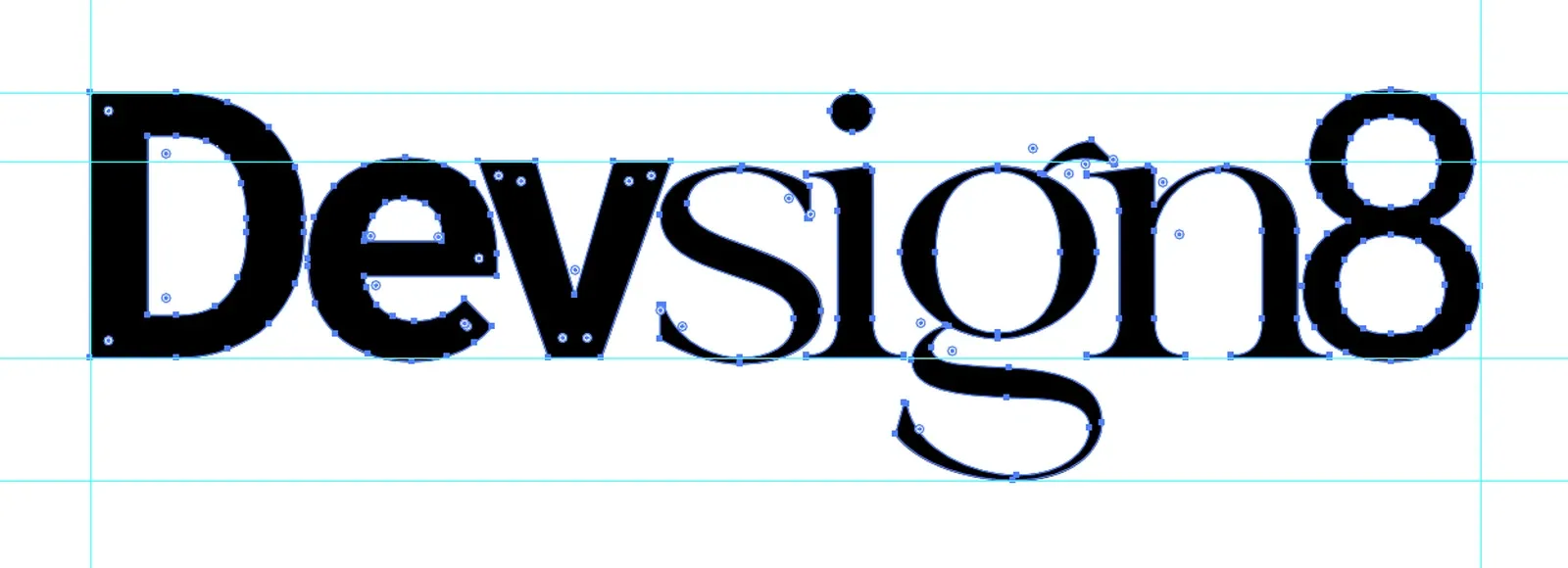 Screenshot from Adobe Illustrator: the final wordmark selected with the Direct Selection tool, every anchor point showing, on cyan guides at the cap height, x-height, baseline and descender, with vertical guides at its left and right edges.