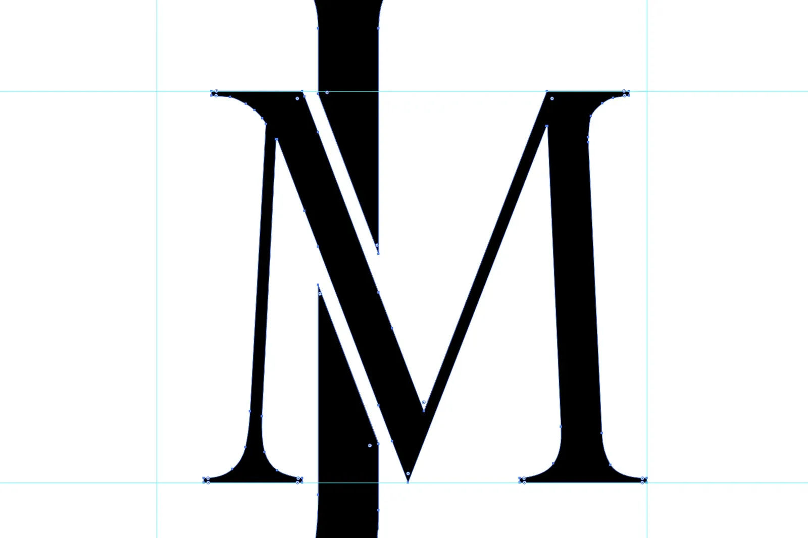 Screenshot from Adobe Illustrator at 400%: the M's thick diagonal passing over the J, the J cut into two pieces on either side of it, with anchor points showing.