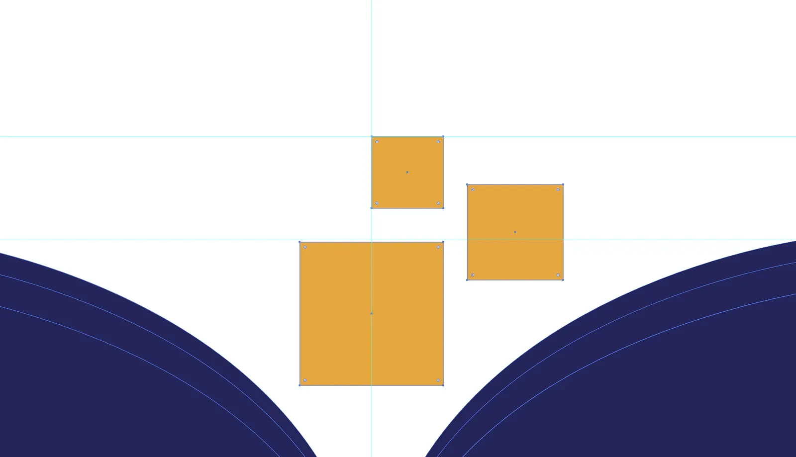 Screenshot from Adobe Illustrator at 400%: the three amber pixel squares rising off the book's spine, the largest centred on the spine guide, between the curves of the inner pages.