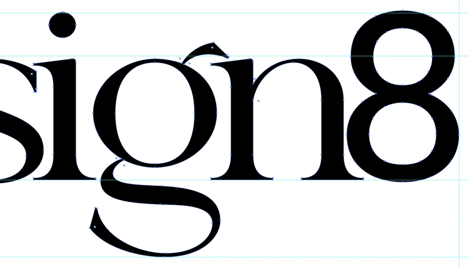 Screenshot from Adobe Illustrator at 400%: the g, n and 8 with their anchor points, the g's accent and long, curling tail falling below the baseline to the descender guide.