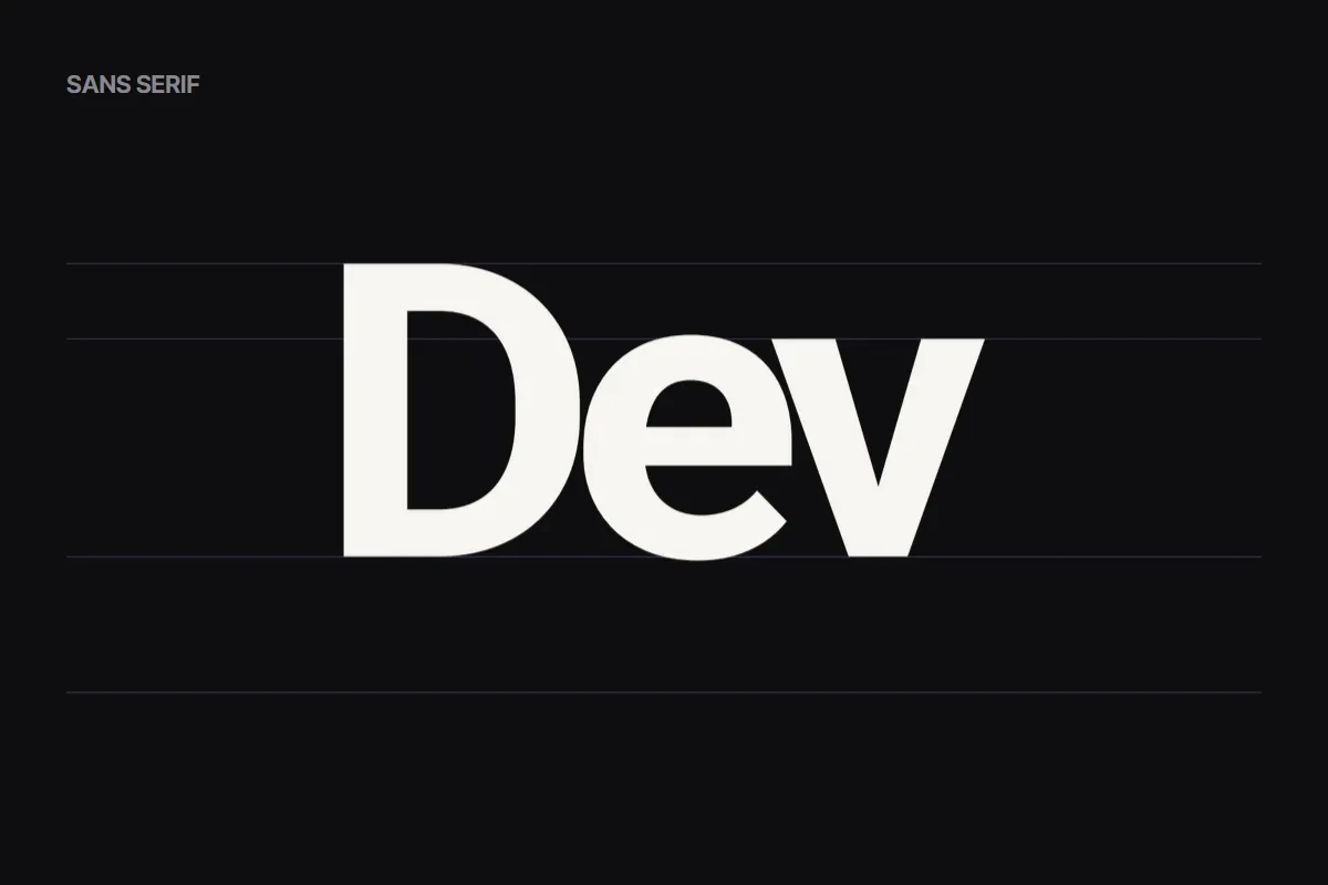 Dev, cut from the wordmark, in warm white on ink on faint guides: heavy, upright letters with no serifs.