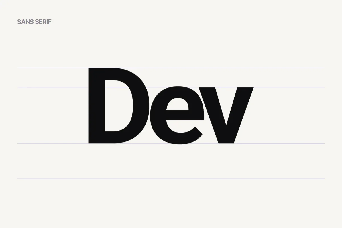 Dev, cut from the wordmark, on faint guides: heavy, upright letters with no serifs.