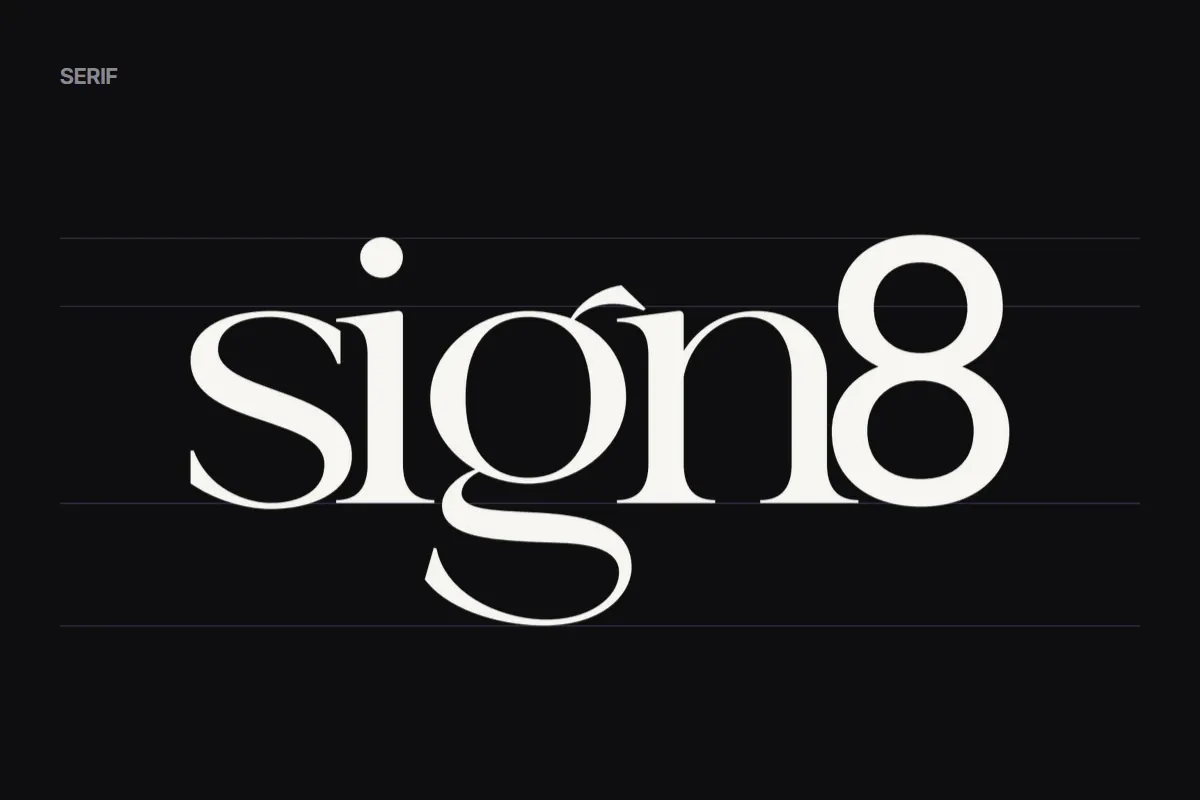 sign8, cut from the wordmark, in warm white on ink on the same guides: high-contrast letters with fine serifs, an accent over the g and a long, curling tail.
