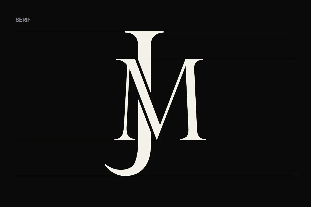 The monogram in cream on black on four faint guides: high-contrast capitals with fine serifs.