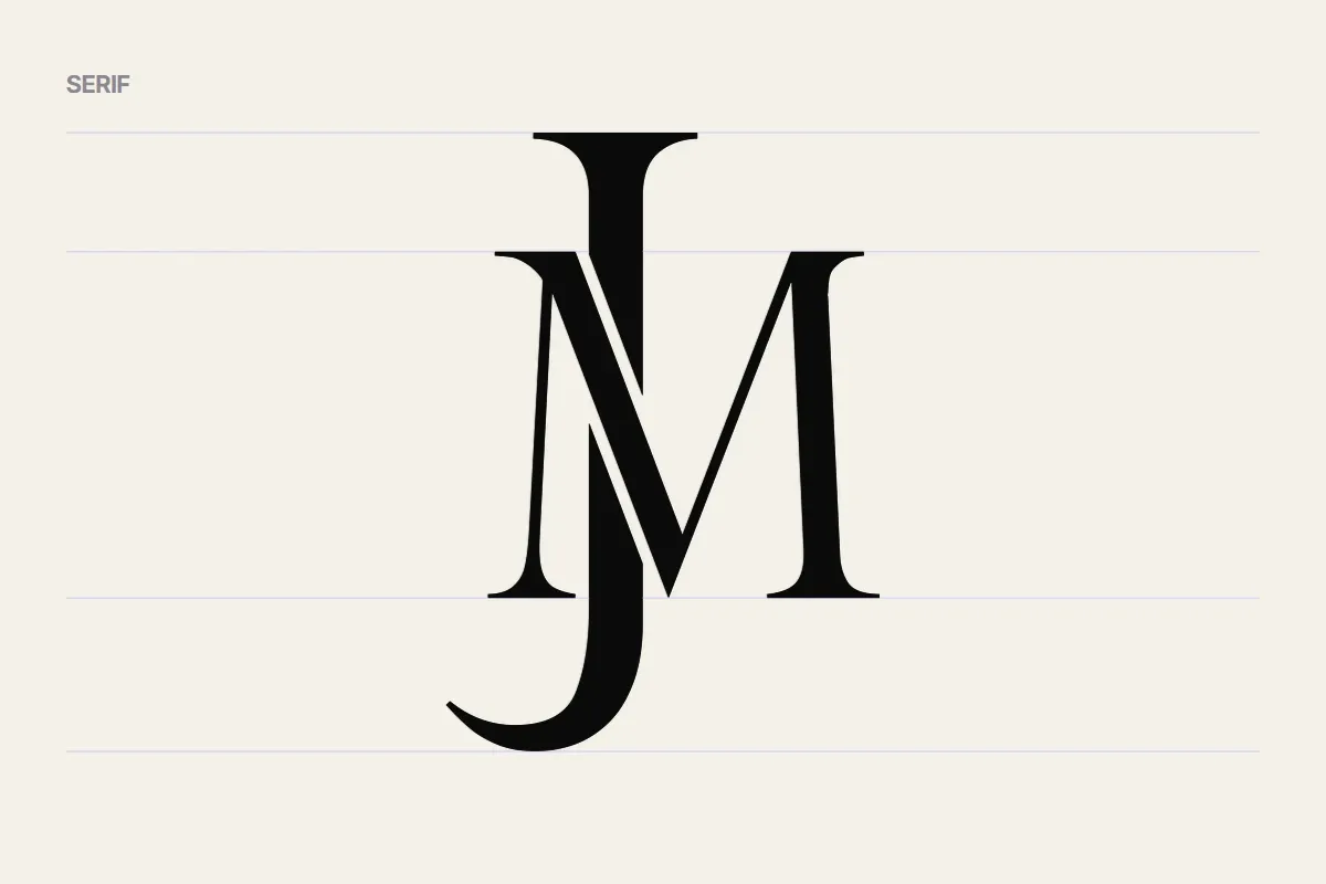 The monogram on four faint guides: high-contrast capitals with fine serifs.
