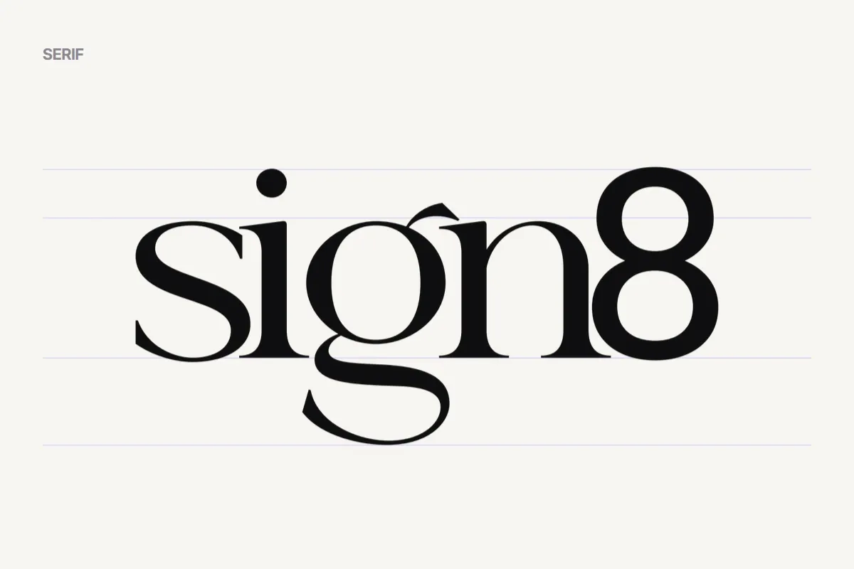 sign8, cut from the wordmark, on the same guides: high-contrast letters with fine serifs, an accent over the g and a long, curling tail.