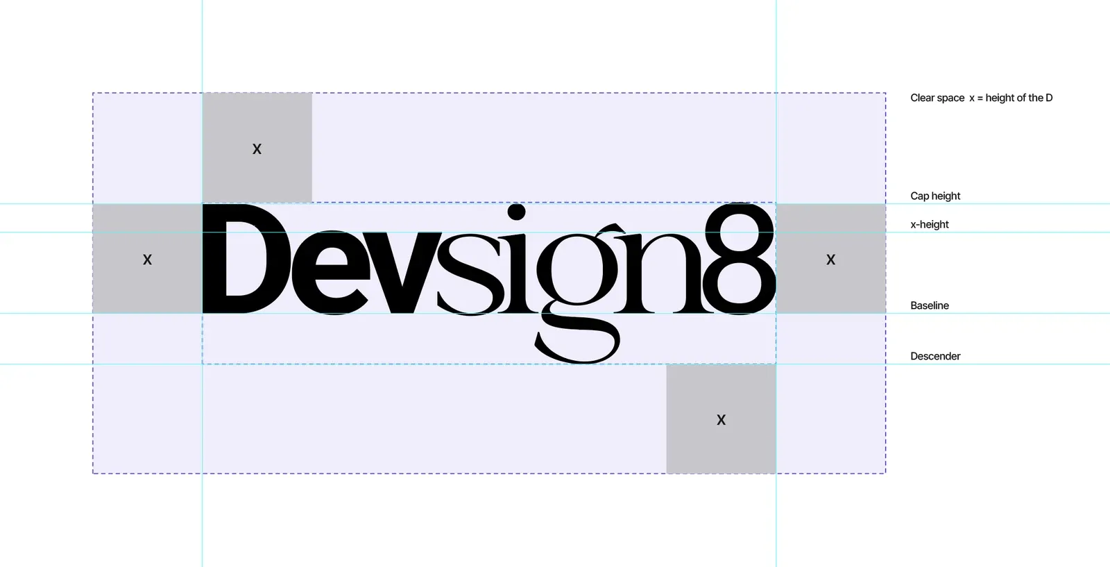 Screenshot from Adobe Illustrator: the wordmark inside a pale violet clear-space zone with dashed edges and cyan guides, a grey square marked x on each side as the unit, and black labels: clear space x = height of the D, cap height, x-height, baseline and descender.