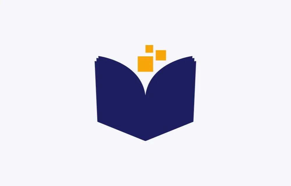 The mark in full colour, indigo and amber, on a pale ground.