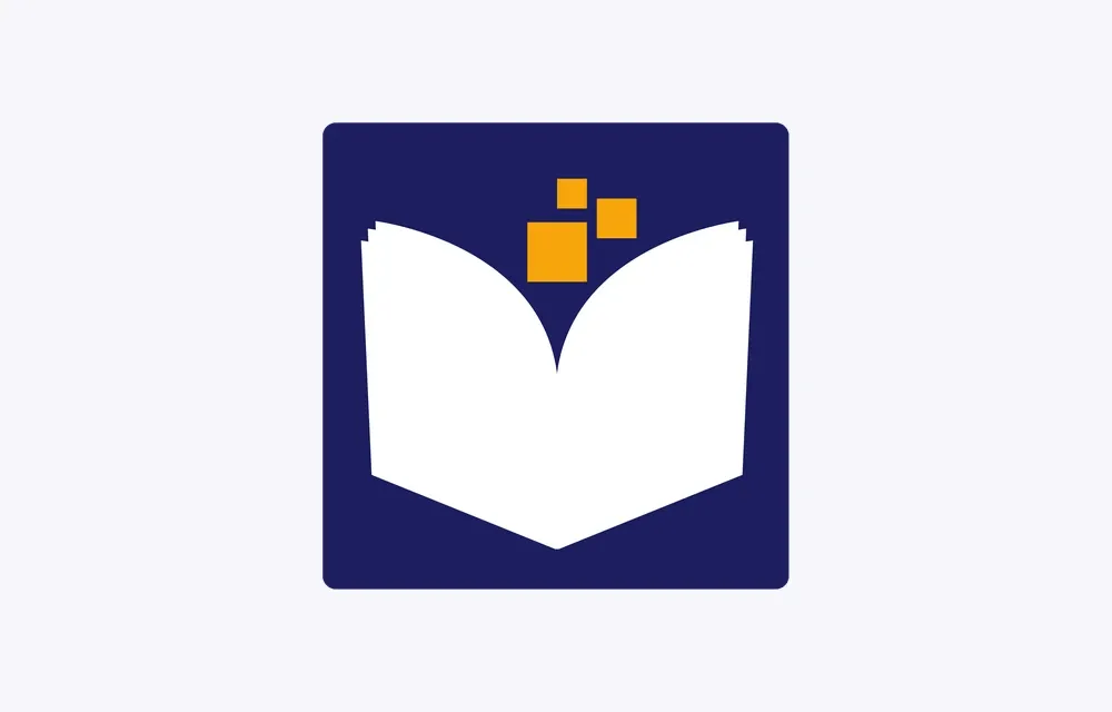 The app icon: the white book and amber pixels on a rounded indigo tile.