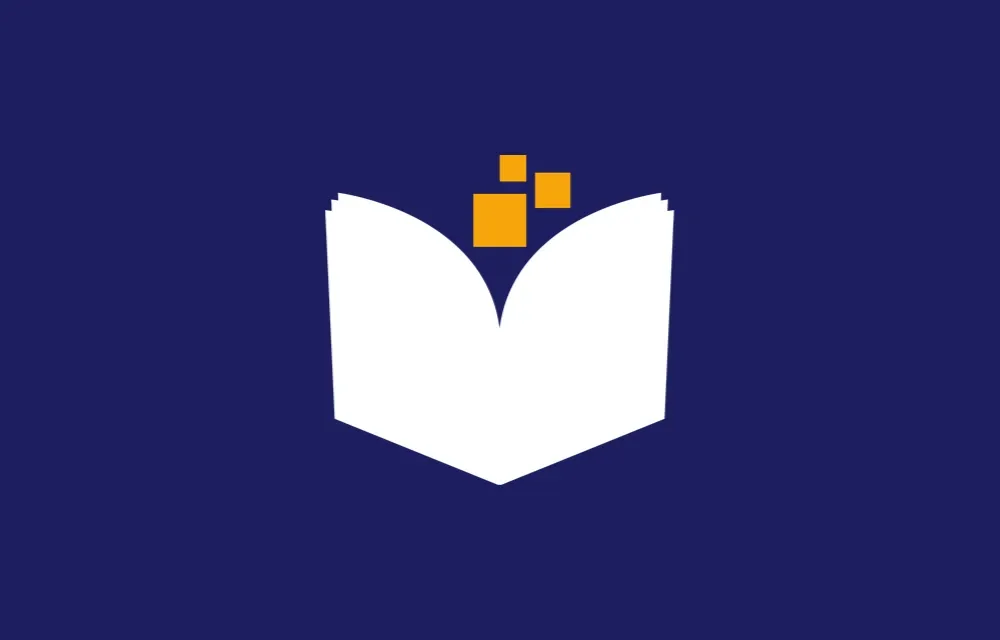 The mark reversed: a white book with amber pixels on indigo.
