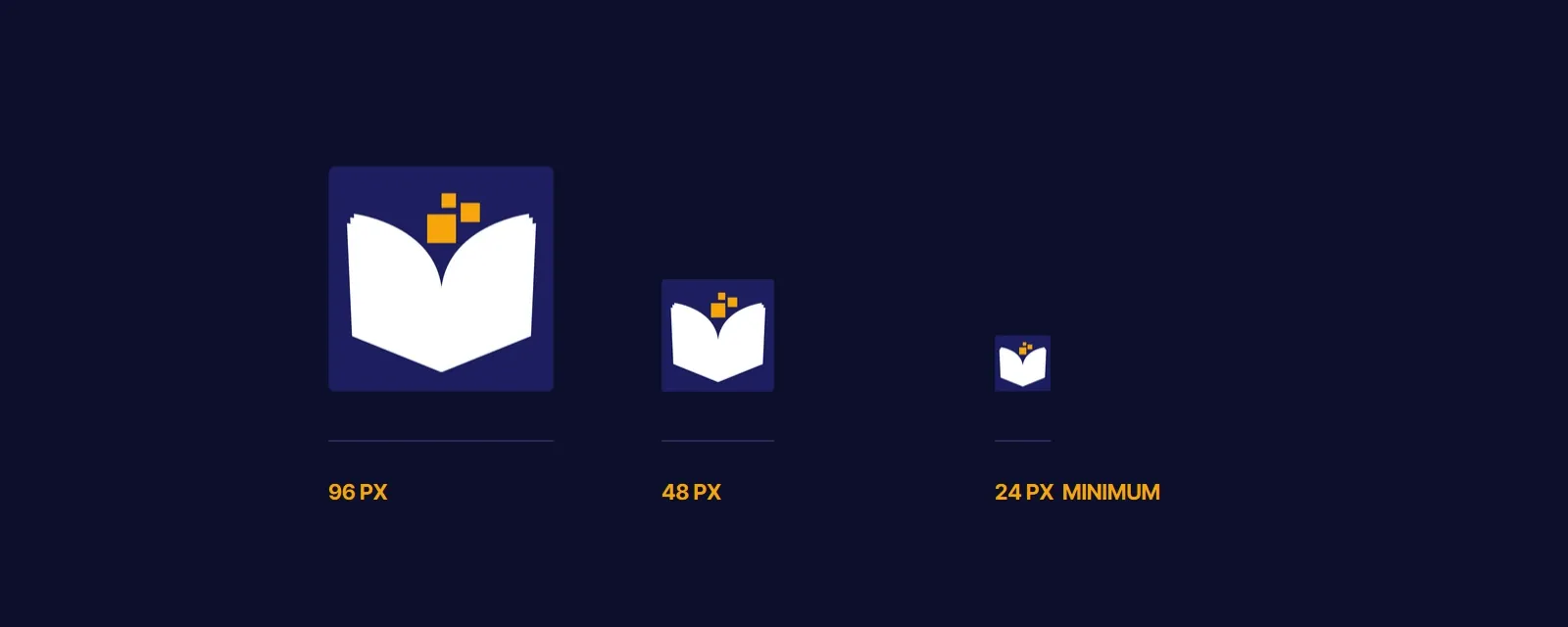 The app icon on deep navy at 96, 48 and 24 pixels, each labelled; 24 px is marked as the minimum.