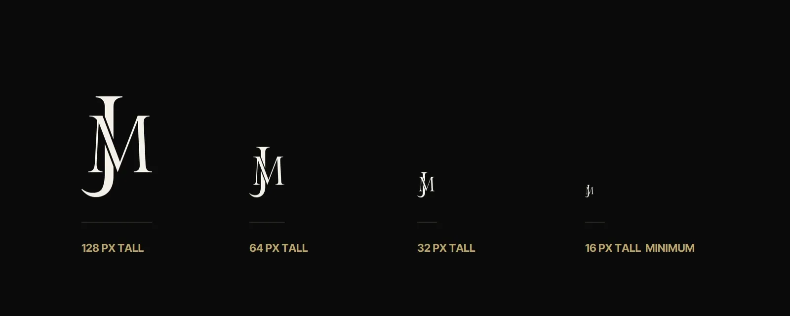 The monogram in cream on black at 128, 64, 32 and 16 pixels tall, each labelled; 16 px is marked as the minimum.