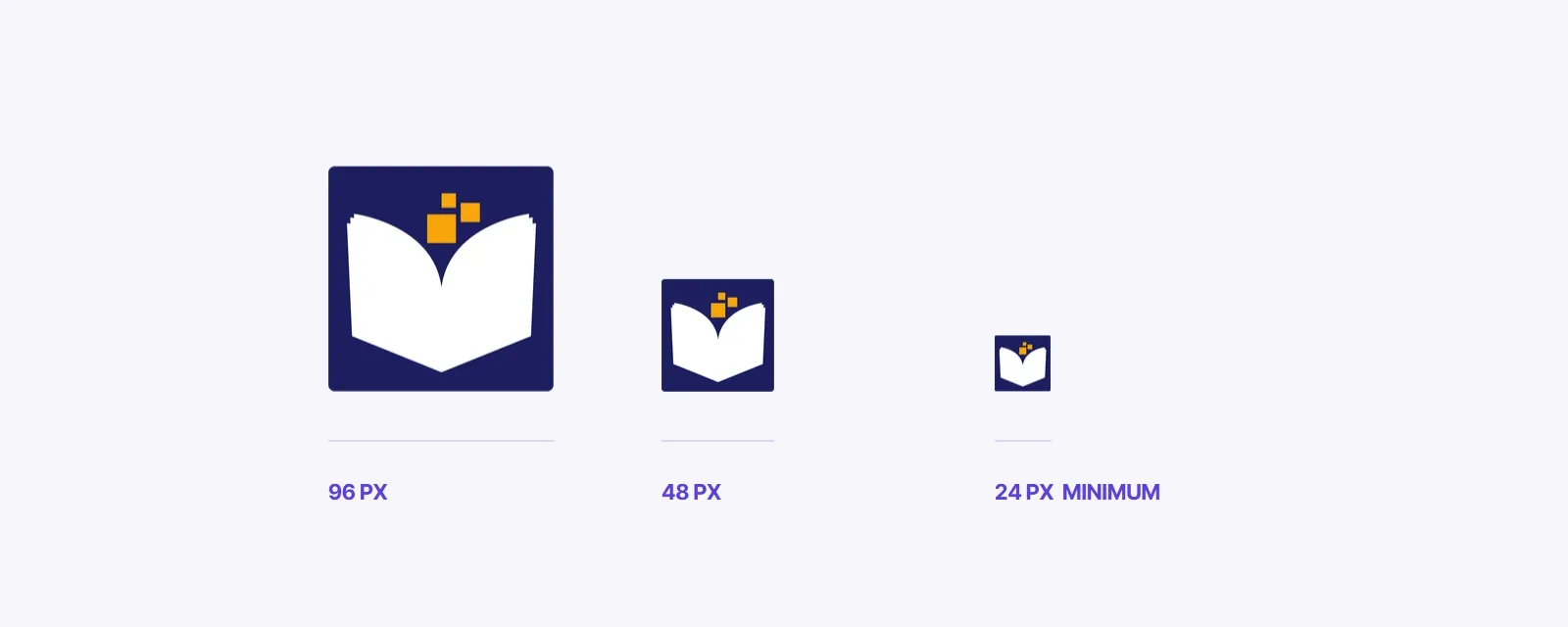 The app icon at 96, 48 and 24 pixels, each labelled; 24 px is marked as the minimum.
