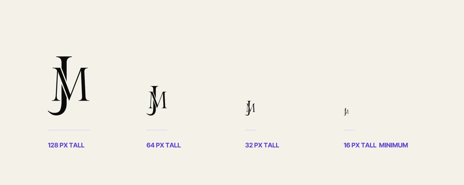 The monogram at 128, 64, 32 and 16 pixels tall, each labelled; 16 px is marked as the minimum.