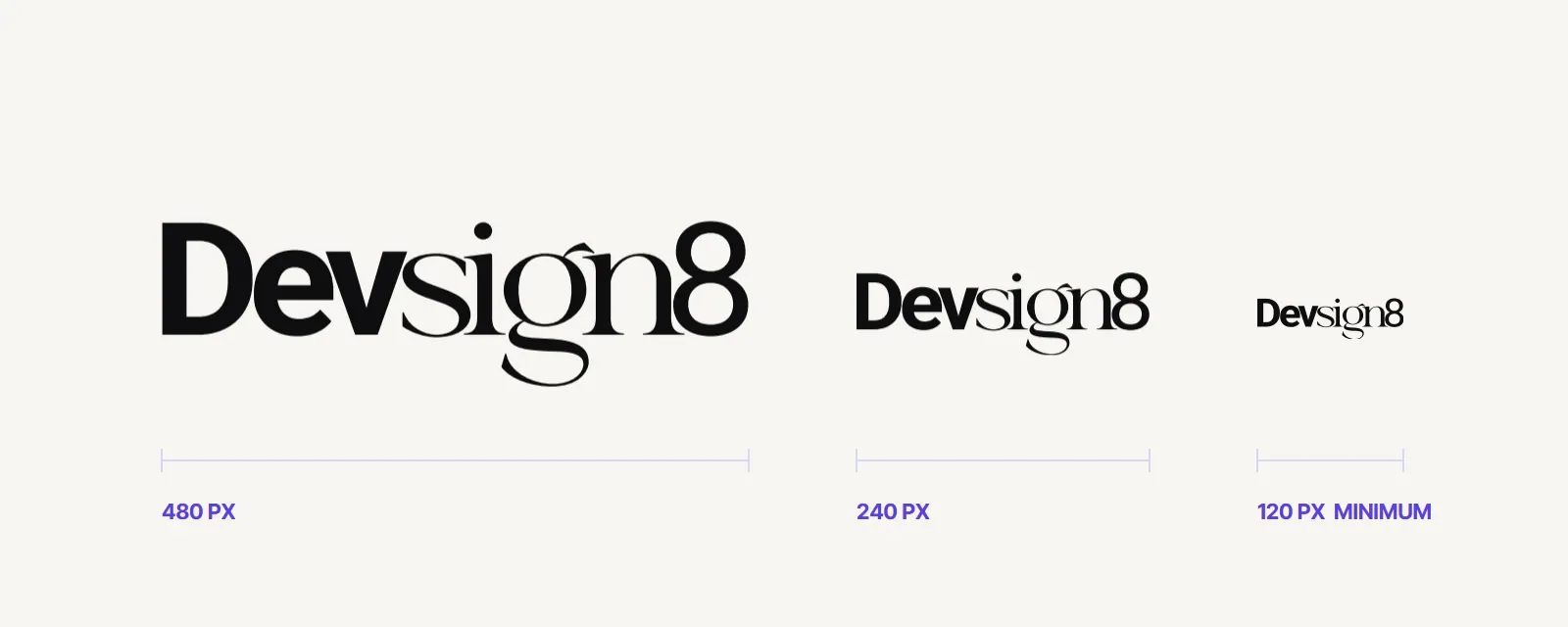 The wordmark at 480, 240 and 120 pixels wide, each with a measure line and label; 120 px is marked as the minimum.