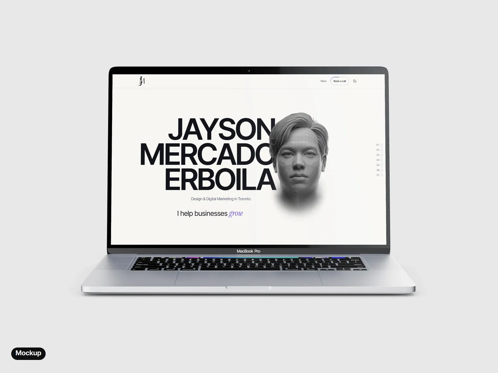 Mockup: a laptop showing this portfolio's home page, the monogram top left in the header above the name Jayson Mercado Erboila.