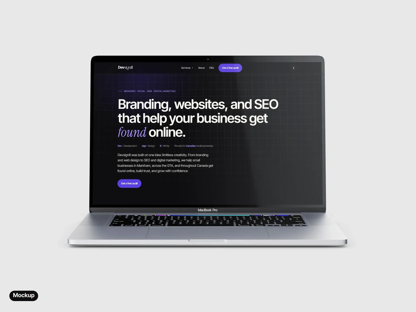 Mockup: a laptop showing the devsign8.com home page, dark, with the wordmark in the header and the headline Branding, websites, and SEO that help your business get found online.