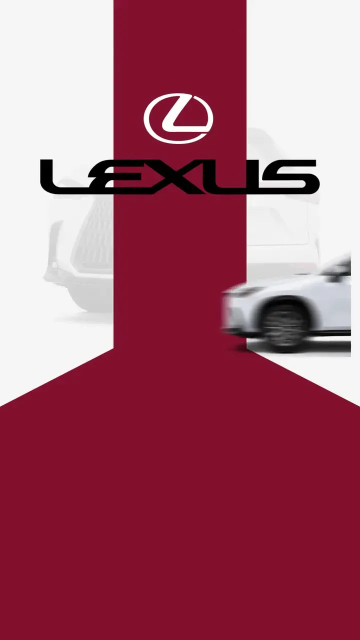 The LEXUS wordmark in place over ghosted views, with the white car sliding in from the right.