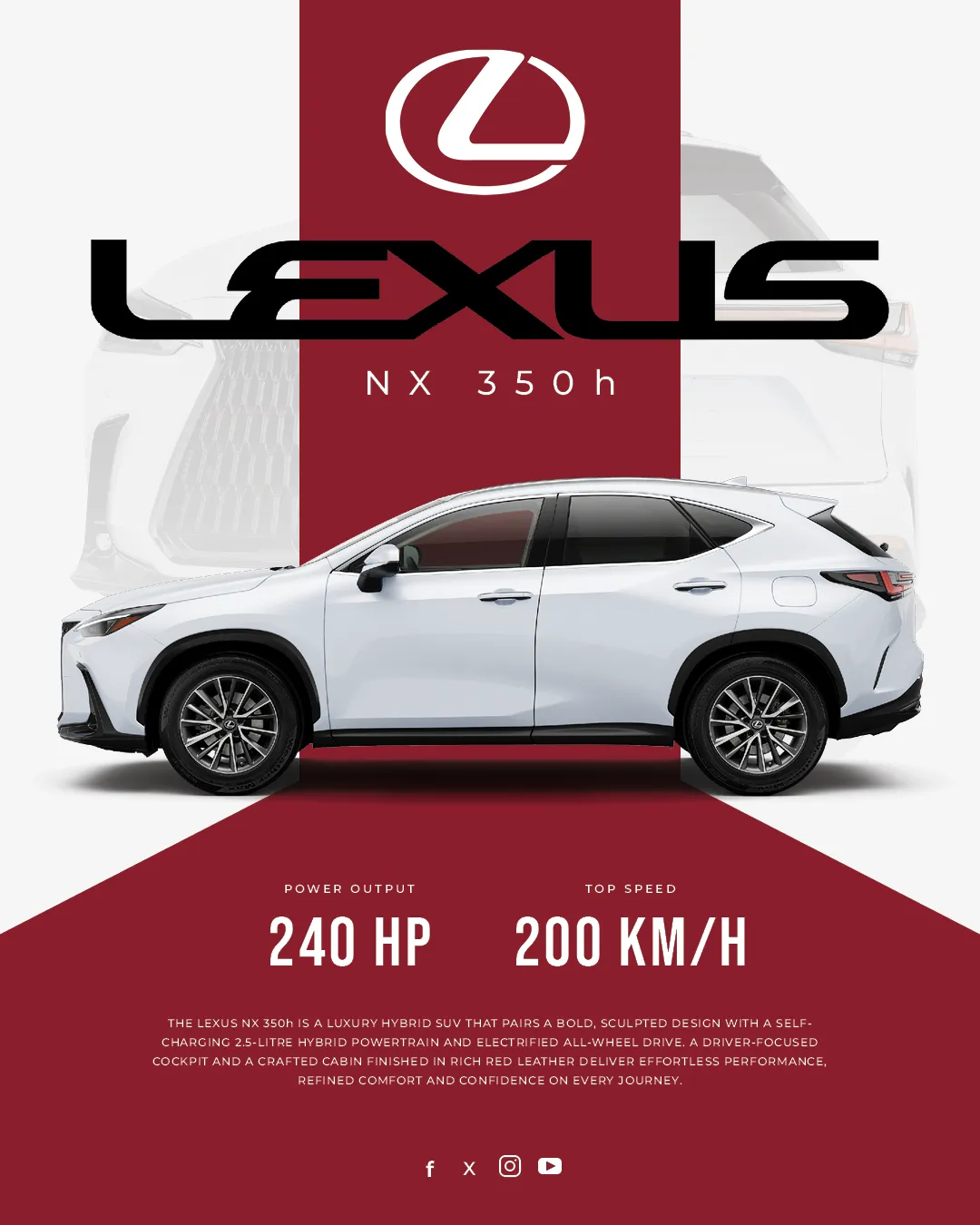 Lexus NX 350h poster: a white NX in side profile across a deep red band, with 240 HP and 200 KM/H below.