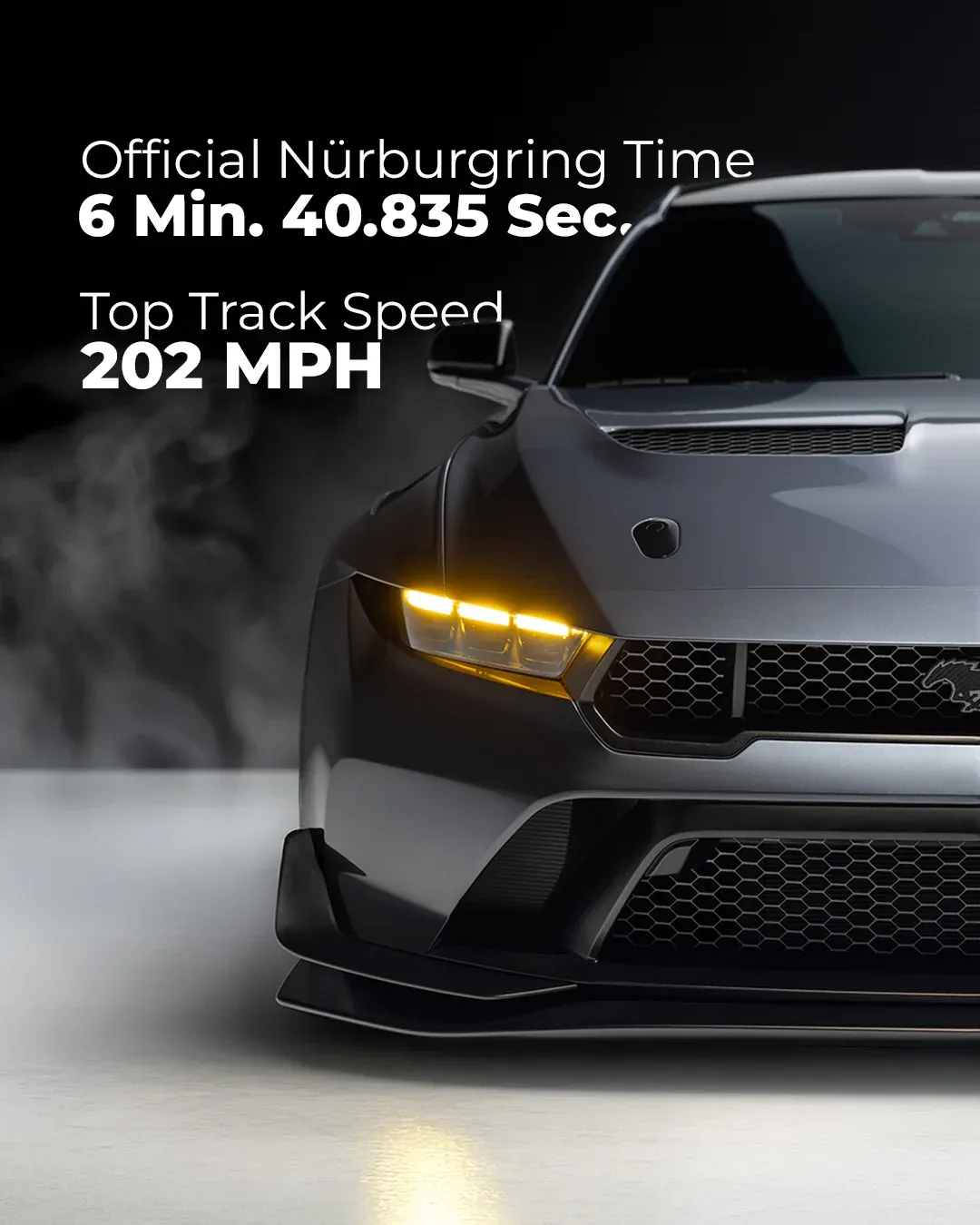 Panel two: the front three-quarter of a grey Mustang GTD with its headlights lit, captioned 'Official Nürburgring Time 6 Min. 40.835 Sec.' and 'Top Track Speed 202 MPH'.