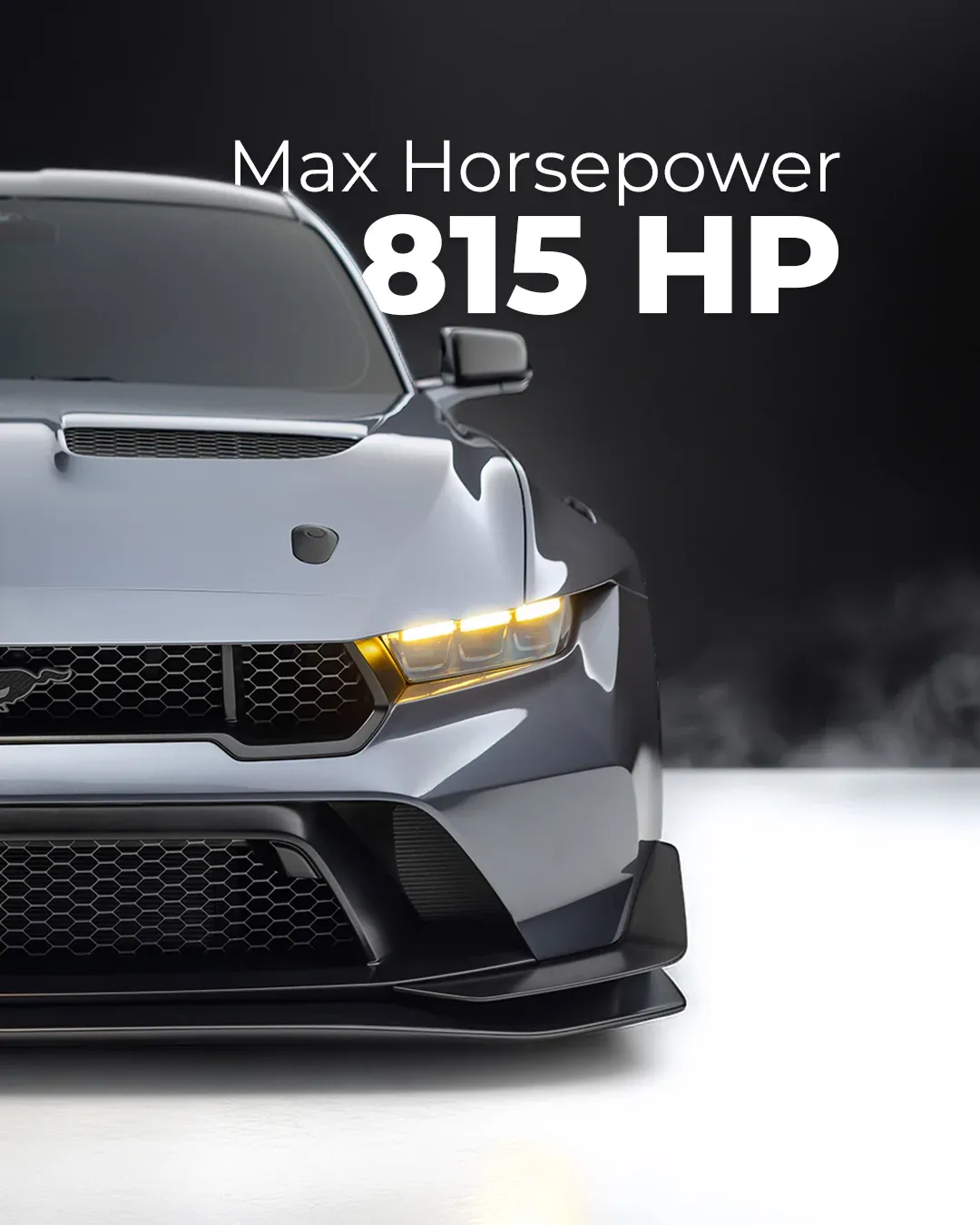 Panel three: the car's nose filling the frame beneath the words 'Max Horsepower 815 HP'.