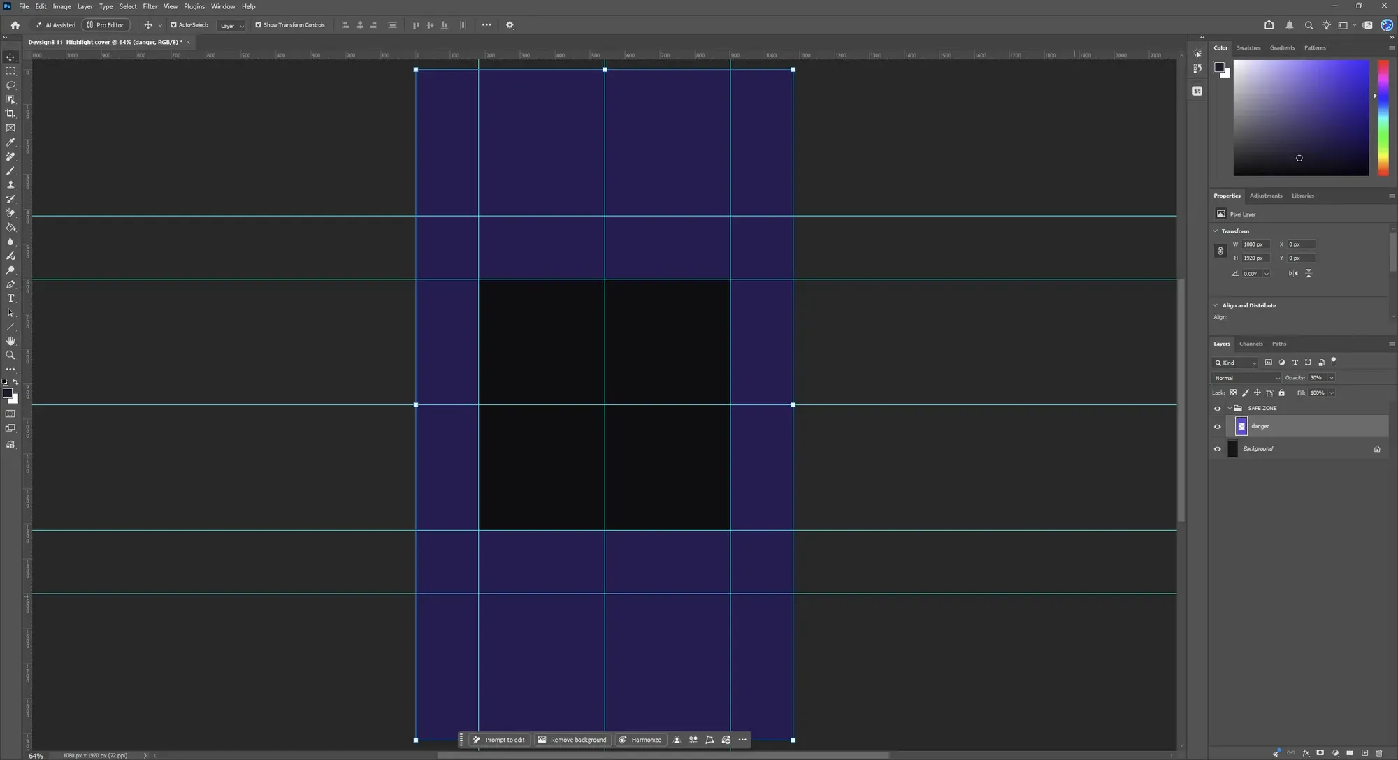 Photoshop with a highlight cover template: most of the 1080 by 1920 canvas tinted violet, leaving a 720 px square in the centre, with centre lines crossing it.