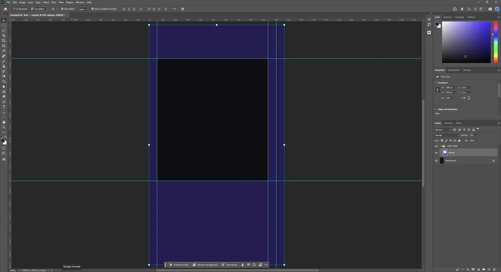 Photoshop with a Reel template built by the script: a 1080 by 1920 canvas, violet danger zones at the top, bottom and sides, and a wider zone down the right edge for the action rail.
